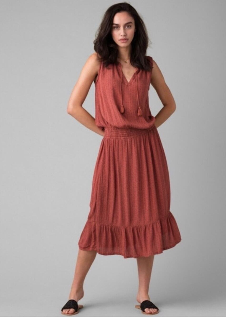 prAna Sentinel Dress Small Terracotta Mori Girl Tencel Sustainable Crinkle Gauze